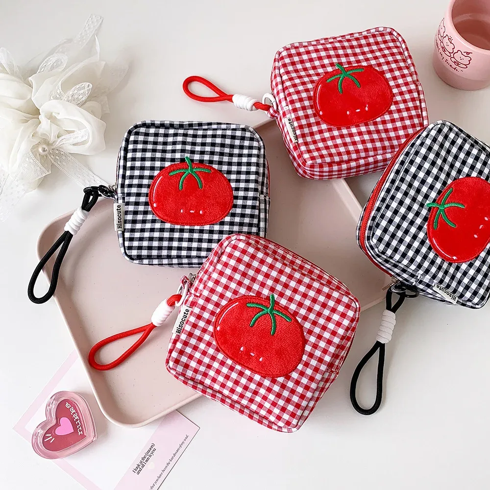 sac de rangement portable pour serviettes hygiéniques à motif quadrillé tomate pour femme, trousse de maquillage avec fermeture éclair, porte-tampons pour sac à main