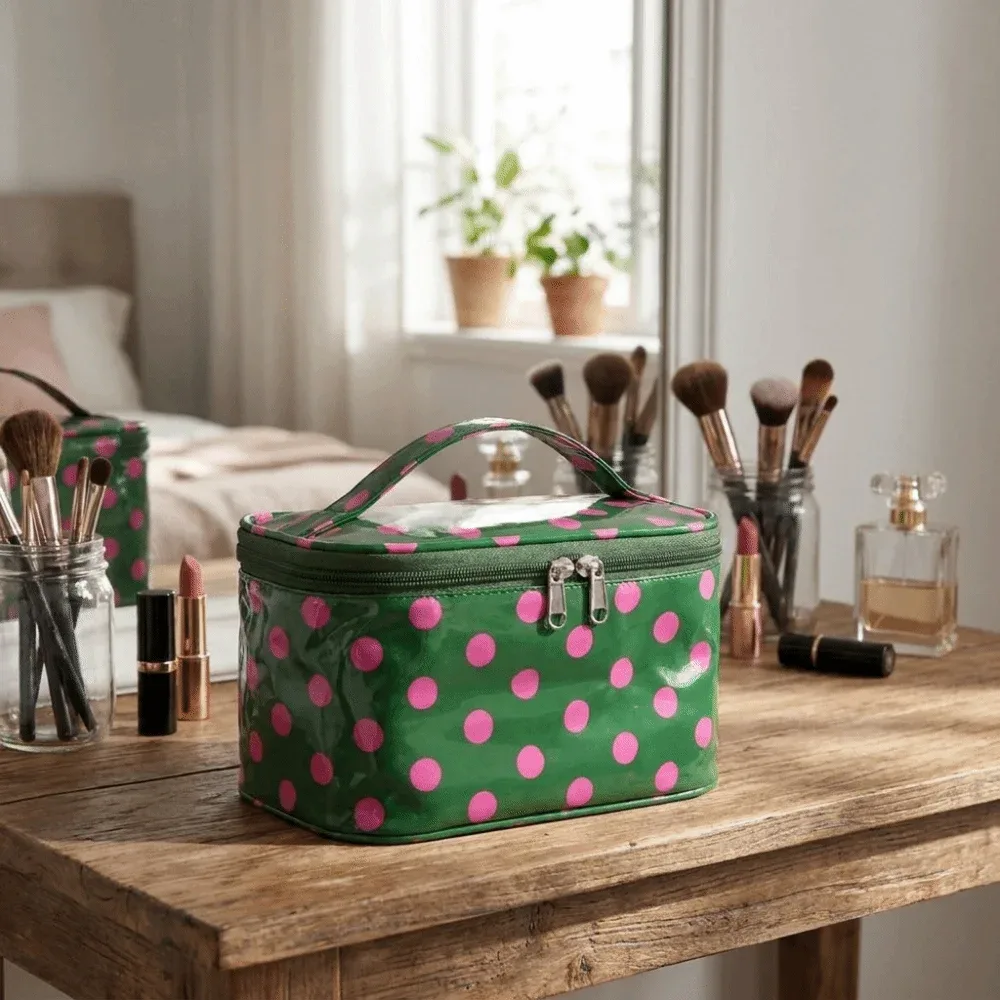 sac de maquillage en pvc à pois, grande capacité, sac à cosmétiques étanche en pvc avec poignée, organisateur de maquillage, transport décontracté