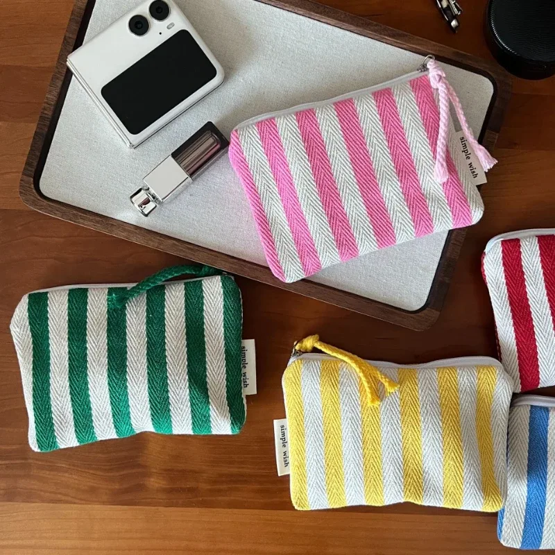 petite trousse de maquillage, mini sacs organisateurs en toile rayée pour femmes, étui à rouge à lèvres, trousse de maquillage, porte-monnaie mignon pour enfants