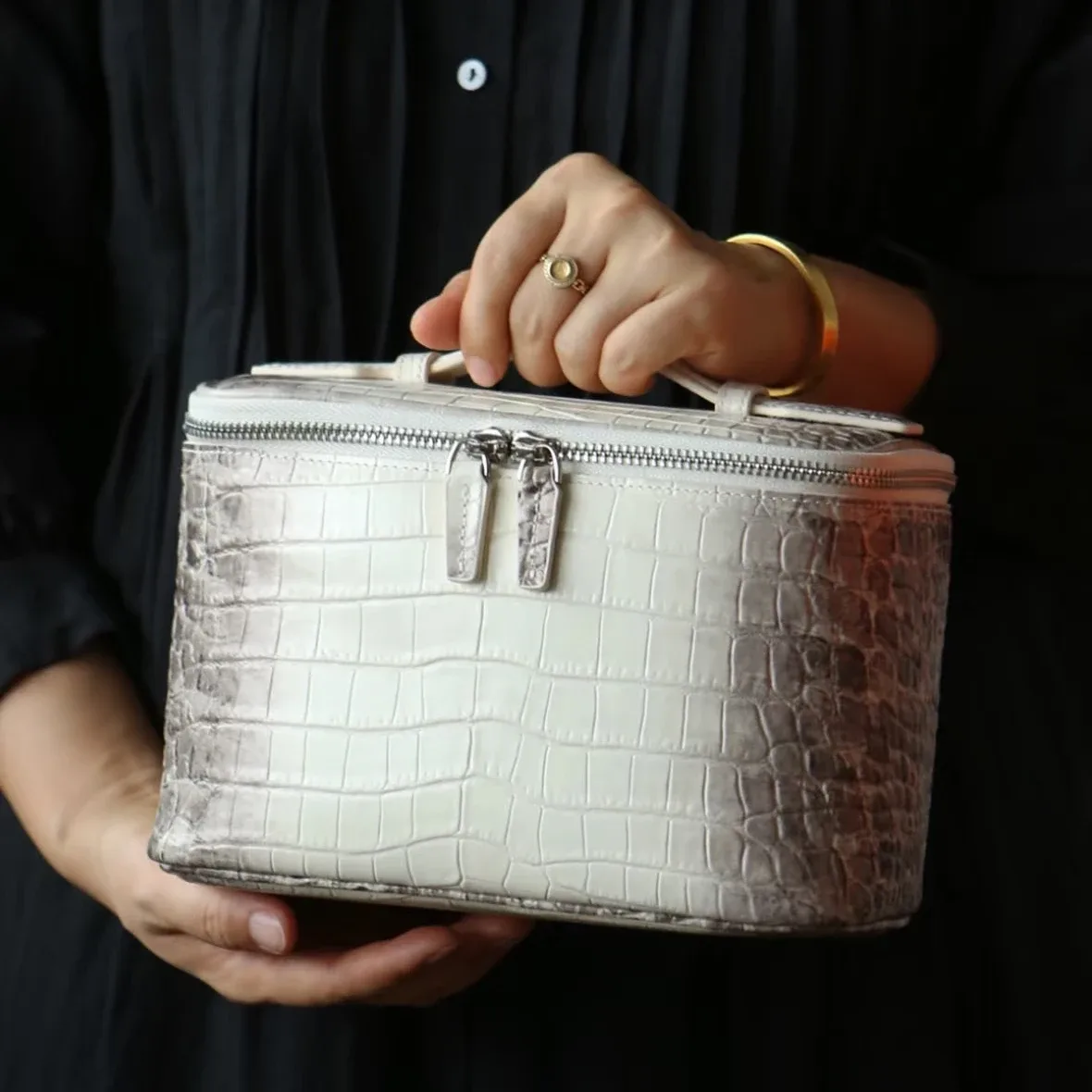 Trousse de maquillage en cuir de vachette première couche motif crocodile, grande capacité, pour femme, trousse de toilette de voyage, organiseur classique, pochette cosmétique