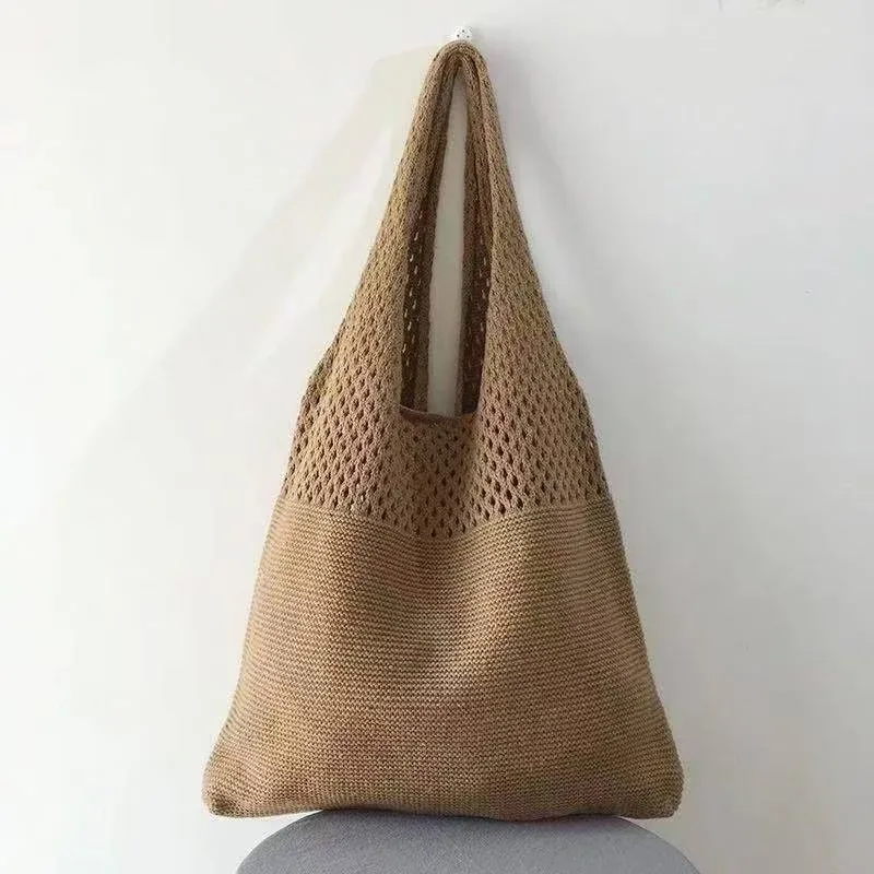 sac de rangement portable en fil tricoté style rétro, grande capacité, sac à bandoulière décontracté, sac de shopping, sac fourre-tout pratique, sac à main