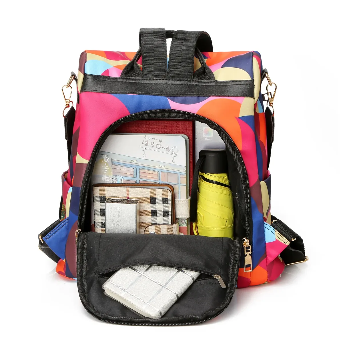 sac à dos en tissu oxford pour femmes, motif circulaire coloré, imperméable, antivol, sacs à dos polyvalents pour voyage/école/usage quotidien