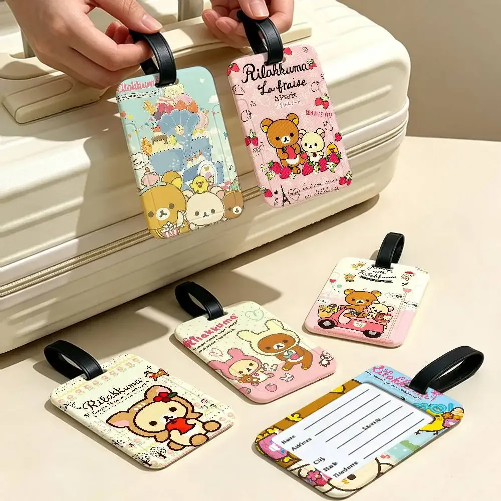 étiquette de bagage de voyage rilakkuma mignonne en dessin animé, étui en pvc pour carte d'information, marqueur de nom anti-perte pour sac à dos.