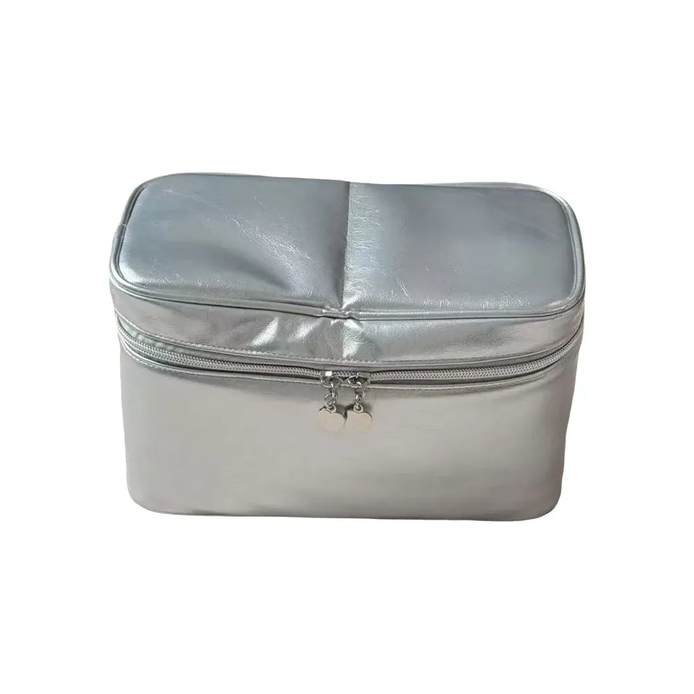 sac de maquillage en cuir pu argenté multifonctionnel grande capacité pochette de rangement cosmétique avec poignée amovible