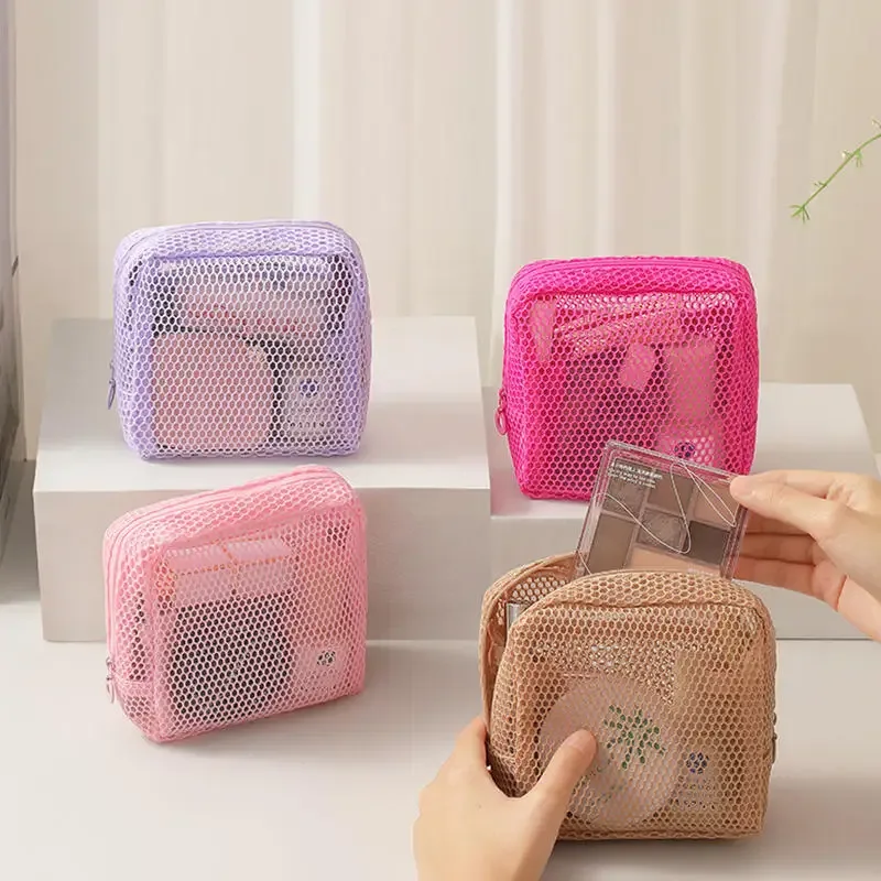 sac à cosmétiques carré en maille pour femmes, mignon, écouteurs portables, rouge à lèvres, serviettes hygiéniques, pochette de rangement, petits sacs de maquillage à fermeture éclair