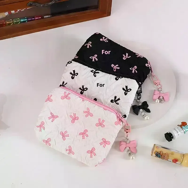 pochette à maquillage pour femmes, décoration nœud, sac cosmétique en tissu spacieux, solution de rangement multifonctionnelle pour les voyages et le bureau