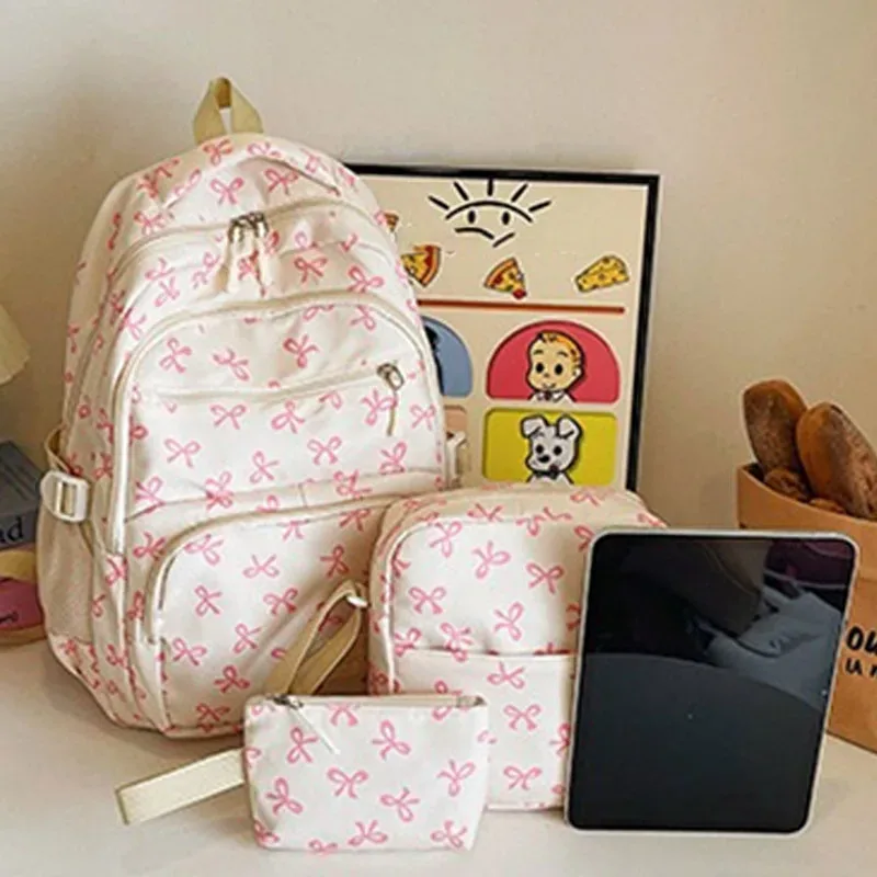 ensemble de 3 pièces de sac à dos mignon de grande capacité, mode coréenne, sac imprimé avec nœud, sacs en nylon, cartable d'étudiant, sac à dos de voyage à sangle réglable