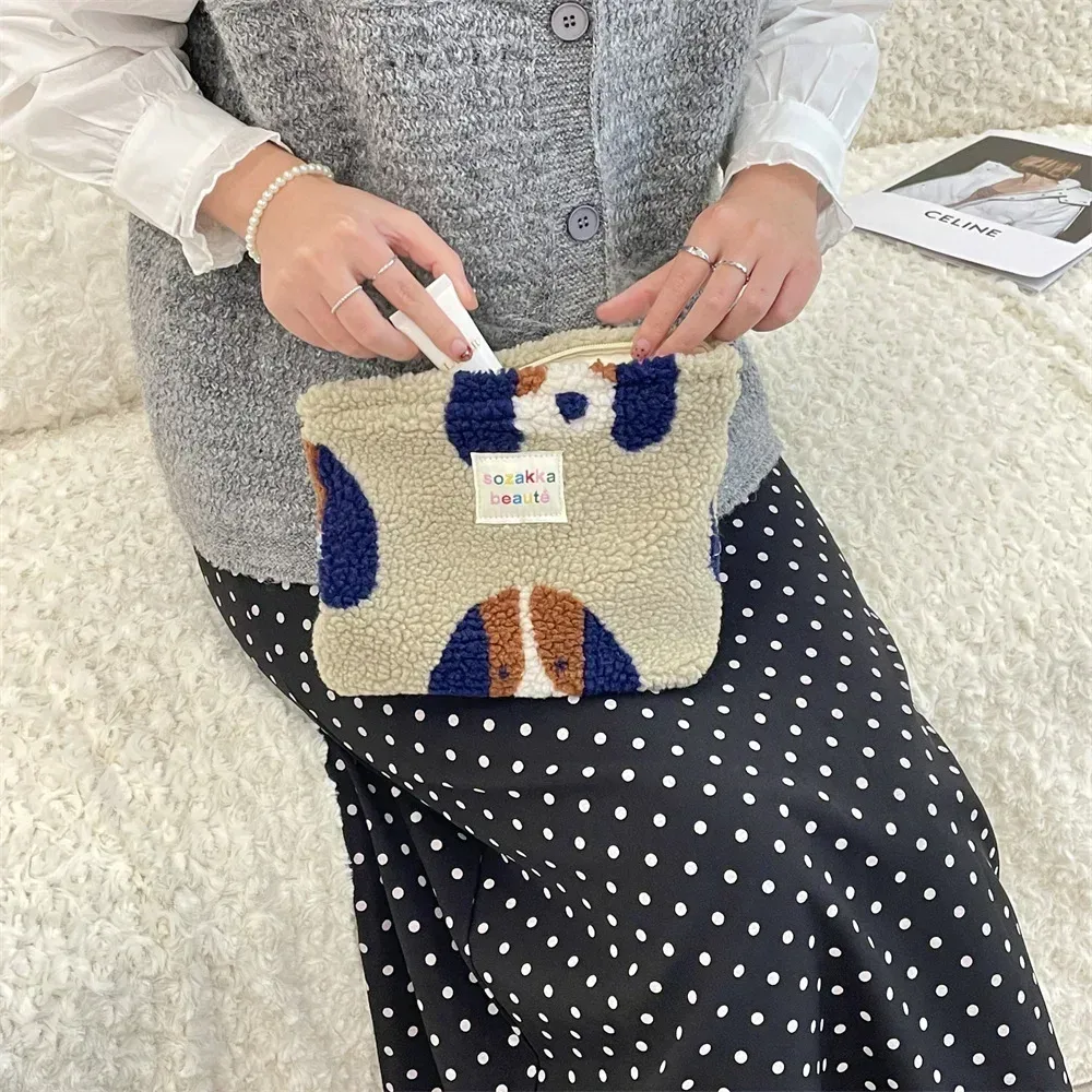 pochette rétro rayée pour femmes, sac à cosmétiques, trousse de toilette en peluche, sacs de maquillage, pochette de maquillage, étui de voyage, organisateur de cosmétiques