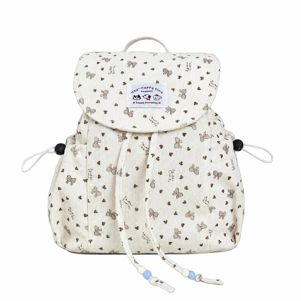 sac à dos léger en velours côtelé à imprimé nœud papillon, design simple et décontracté, sac à dos à cordon de serrage, grande capacité, sac à livres polyvalent pour étudiant
