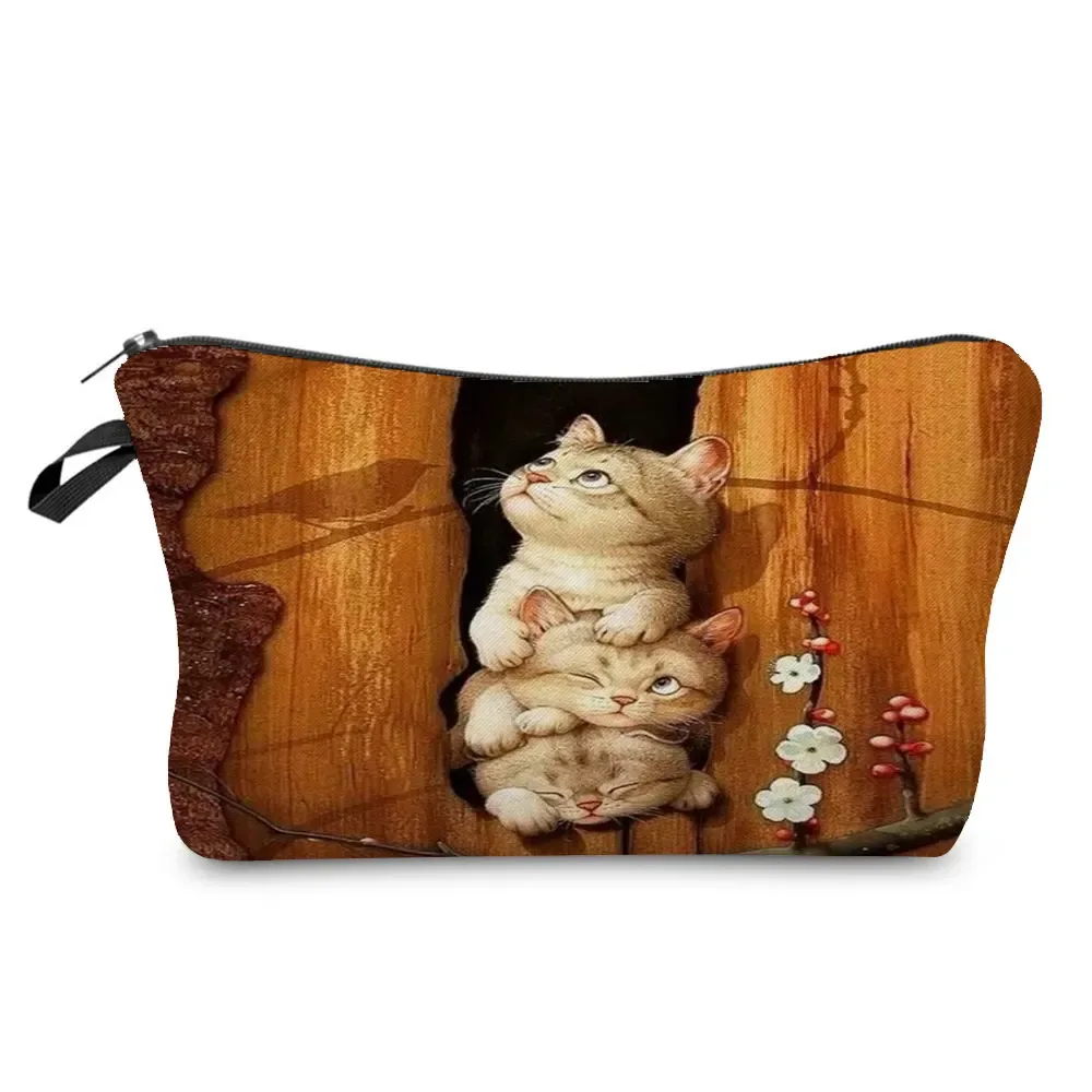 trousse à cosmétiques avec imprimé chat animal de dessin animé 3d pour femme, mini trousse de maquillage décontractée, étui à crayons personnalisé, extérieur, plage, voyage, mignon
