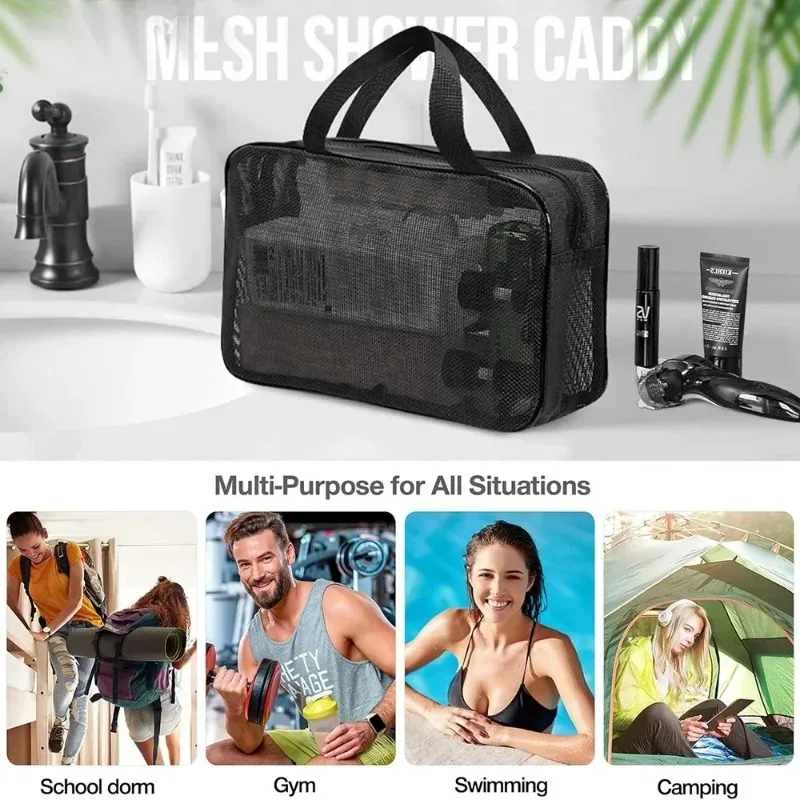 sac de rangement de douche en maille portable, grande capacité, sac de toilette pour salle de bain, organisateur de cosmétiques et articles divers pour les voyages et les sorties quotidiennes