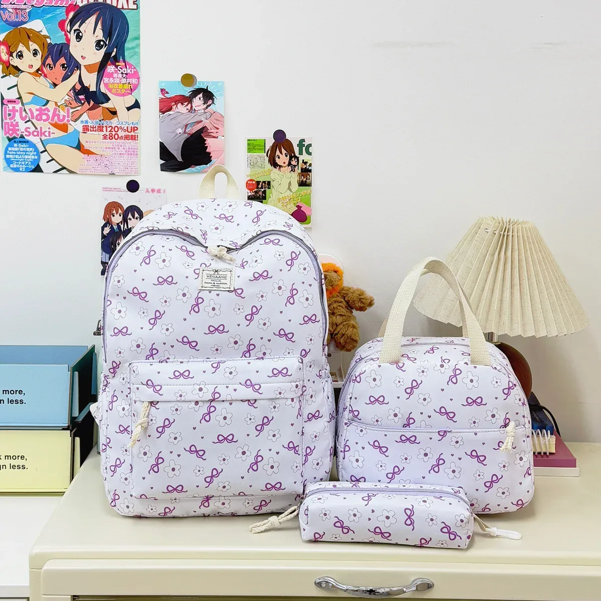 Ensemble de sacs à dos 3 pièces pour adolescentes, motif floral avec nœud adorable, ultra léger, grande capacité, polyvalent, pour l'école, le campus, les activités de plein air et l'usage quotidien