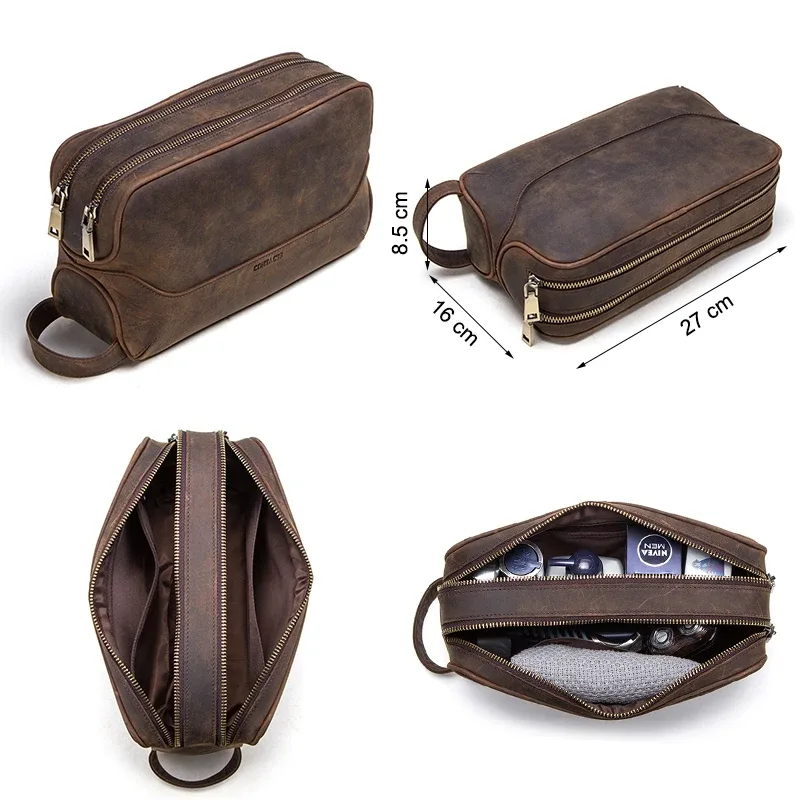 contact's – sac à cosmétiques en cuir véritable pour hommes, pochette de maquillage de luxe de grande capacité, organisateur de voyage, sacs de toilette vintage, rangement