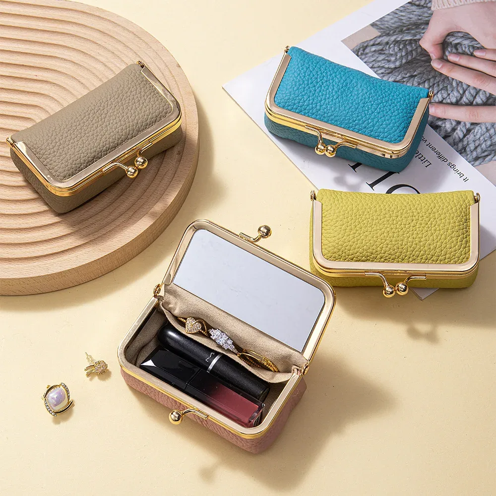 mini étui de rangement pour rouge à lèvres en cuir véritable, petite trousse de maquillage avec miroir, pochette de voyage pour cosmétiques, boîte de maquillage