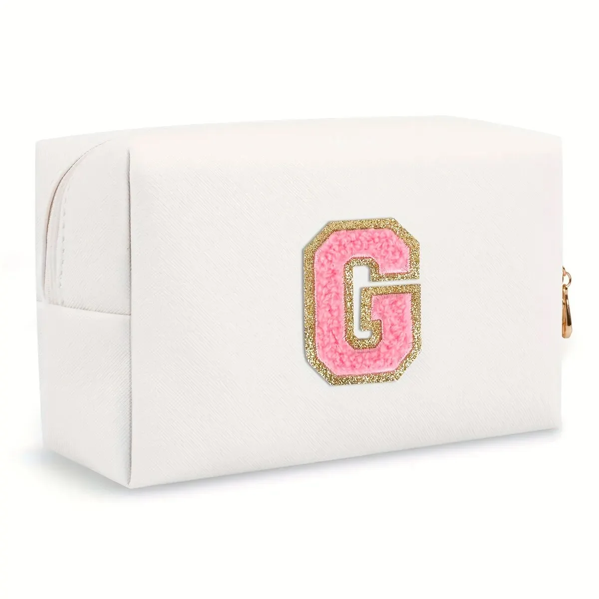 trousse de maquillage preppy pour femmes, trousse de toilette de voyage, sac à cosmétiques avec lettres en chenille, pochette étanche en cuir pu, joli organisateur à fermeture éclair-ll