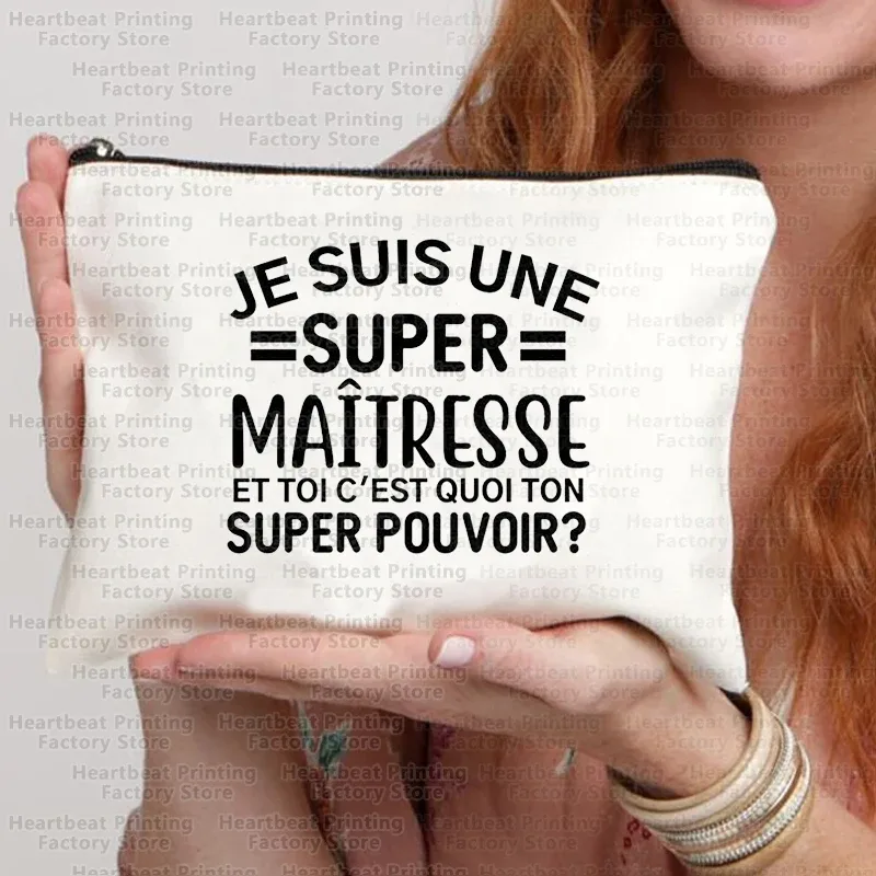 sac à cosmétiques de voyage imprimé français merci maîtresse, sac à rouge à lèvres, trousse à crayons, pochette pour femmes, cadeau de rentrée scolaire