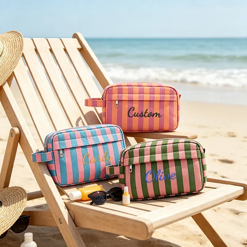 trousse de toilette rayée à double compartiment, portable pour les voyages, idéale pour les trajets quotidiens, les vacances, la plage, les fêtes, cadeaux créatifs, anniversaires, rentrée scolaire, remise des diplômes.