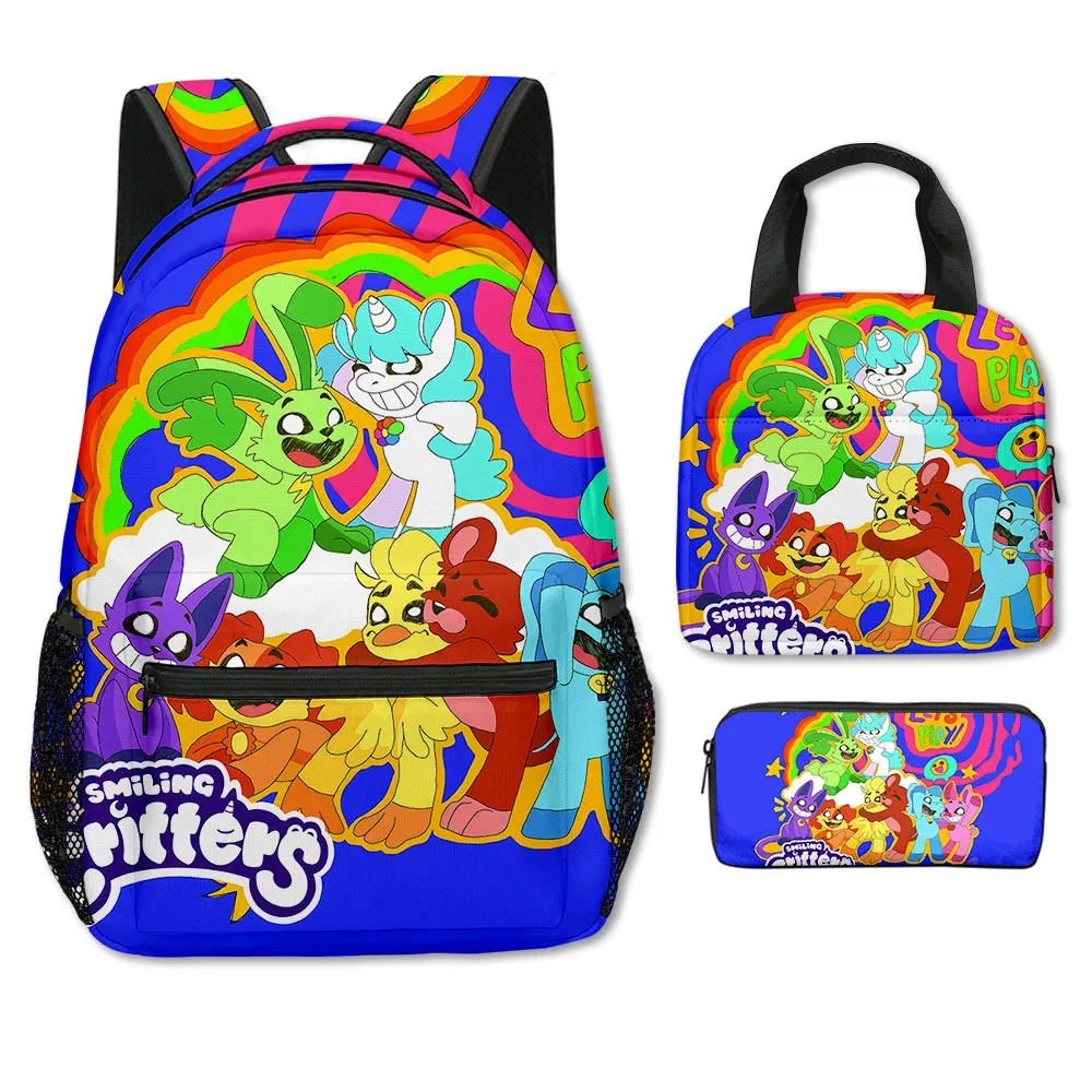 dessin animé nouveauté cool cristes souriants impression 3d 3 pièces/ensemble sacs d'école pour étudiants sac à dos pour ordinateur portable sac à déjeuner à bandoulière trousse à crayons