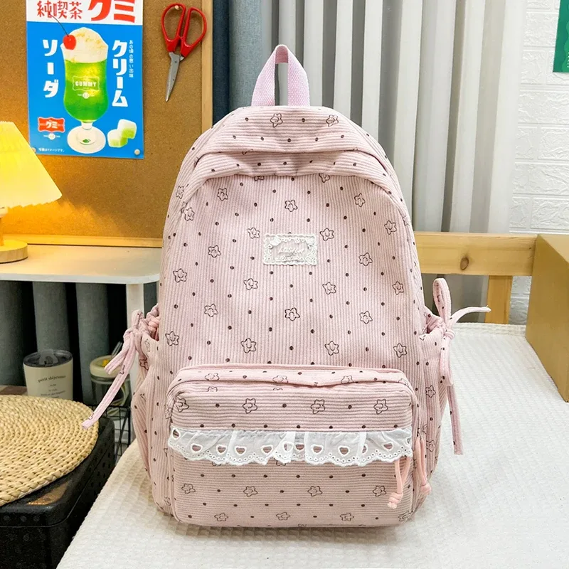 sac à dos à imprimé floral à pois, sac d'école, joli sac à dos de voyage pour étudiants, décoration en ruban à nœud papillon, sac à livres léger