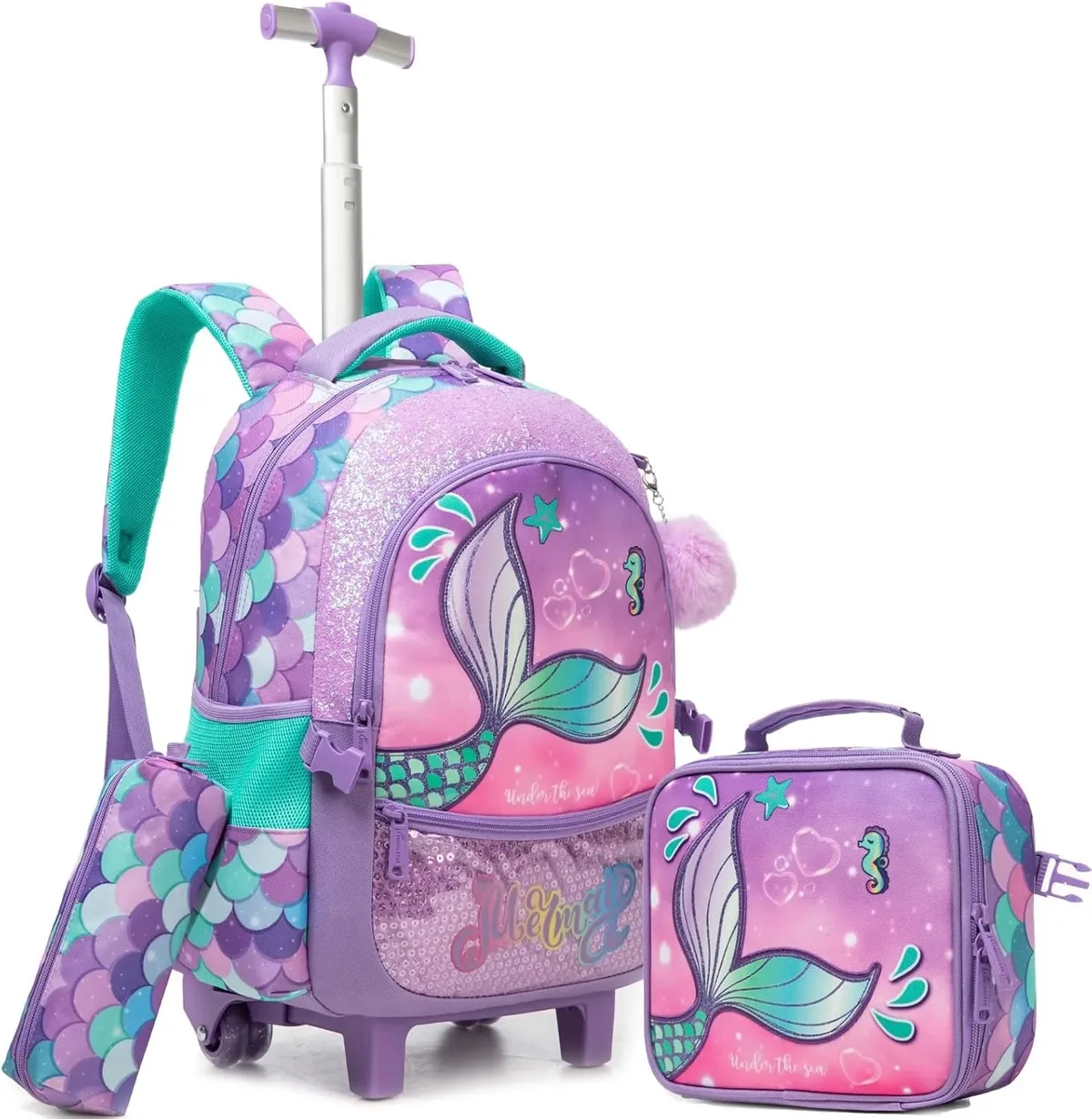 Sac à dos à roulettes pour filles, sac à dos pour enfants à roulettes, ensemble de sacs à roulettes pour l'école avec boîte à lunch isotherme, sac de voyage pour enfants