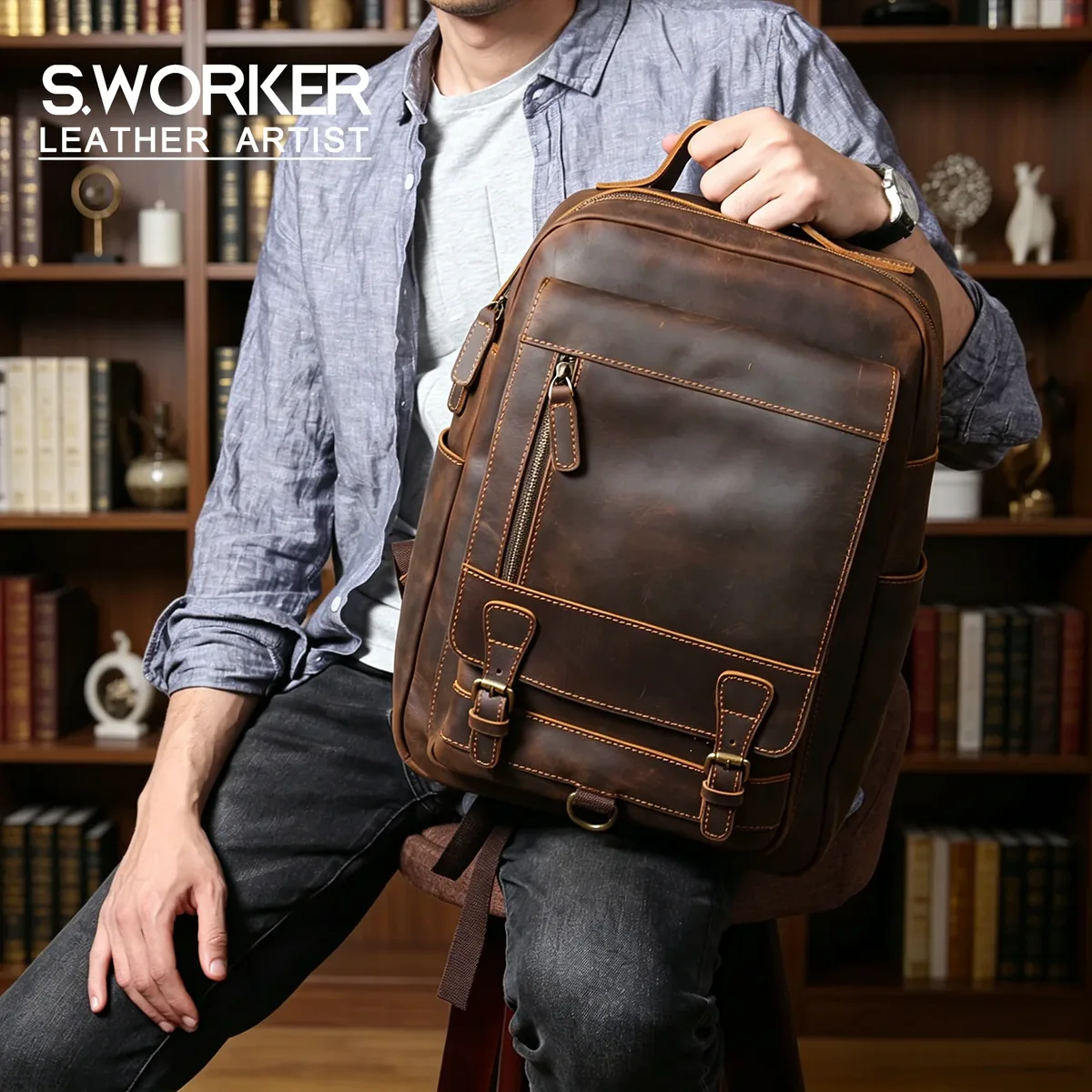 Sac à dos pour homme en cuir véritable vintage S.WORKER, sac pour ordinateur portable, sac d'école décontracté en cuir Crazy-horse, sacs d'extérieur