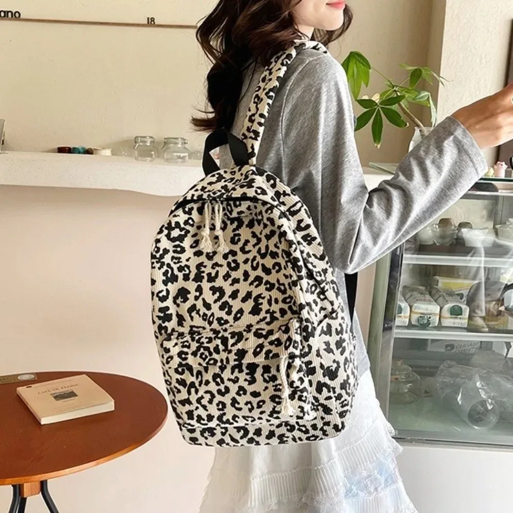 sac à dos léger en velours côtelé à imprimé léopard, style harajuku, pour étudiants, avec bretelles réglables, style coréen