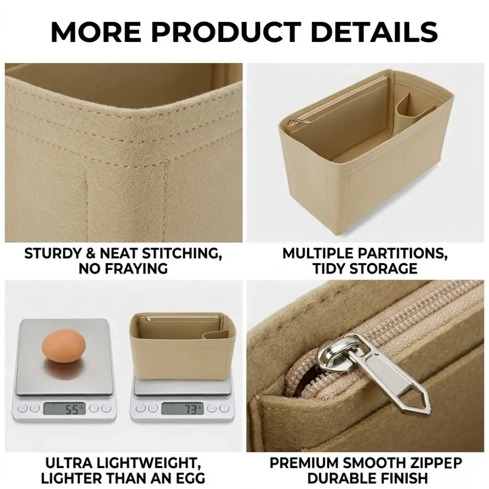 organisateur de sac à main en feutre avec fermeture éclair, multi-poches, compatible avec les sacs à main loewe puzzle small medium