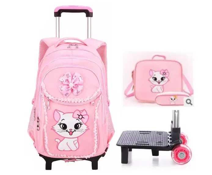3 sacs à roulettes scolaires pour enfants, sacs à dos à roulettes pour filles, sacs à roulettes pour l'école, style chat, sacs à dos pour filles