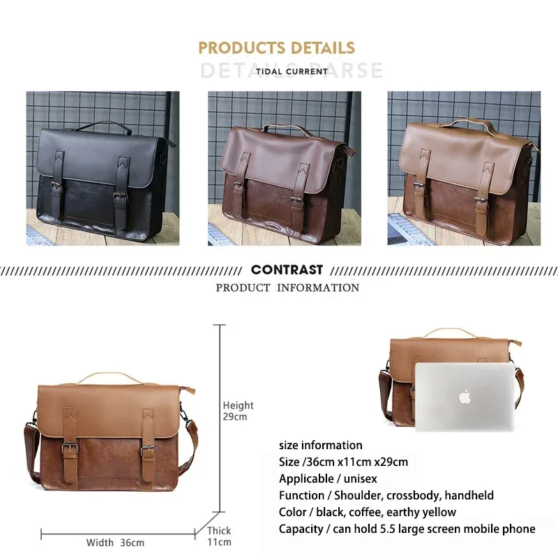 sac à main rétro en cuir pu pour homme, fourre-tout vintage, étui à bombes, business, bureau, ordinateur portable, sacoche décontractée