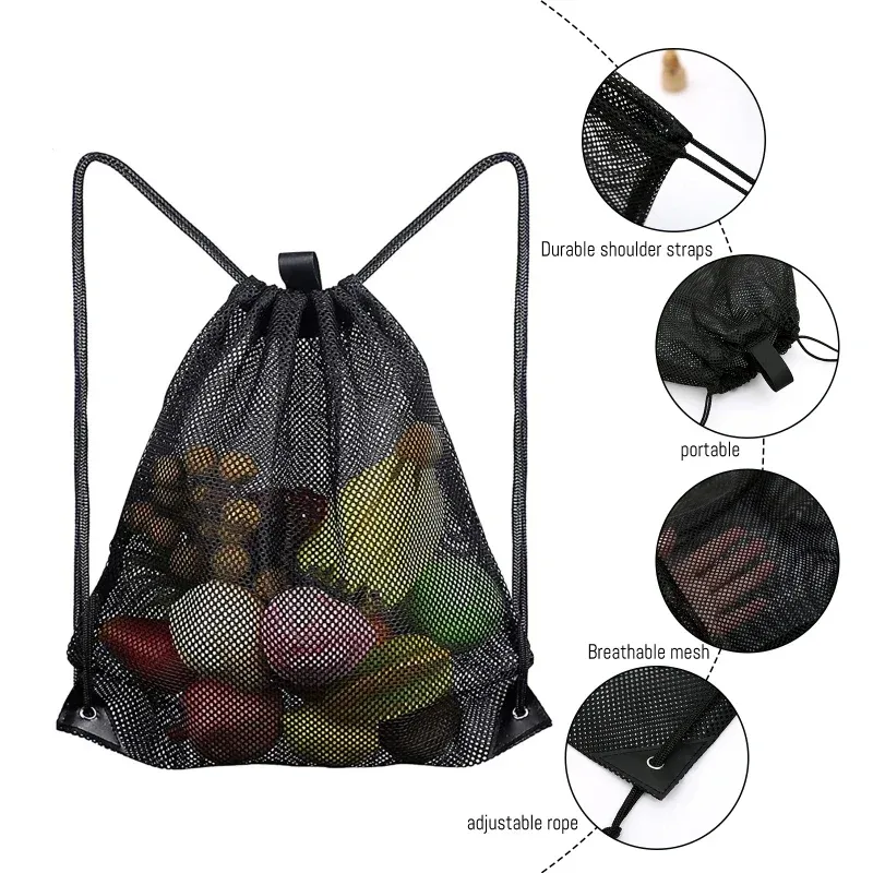 sac à dos en maille noire, sac de rangement portable à cordon pour football, basketball, sport, voyage, gym, plage, jouets, randonnée, shopping, natation