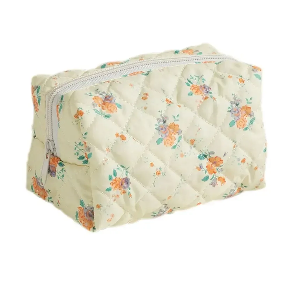 trousse de maquillage en coton matelassé, trousse de toilette portable à carreaux avec fermeture éclair, grande capacité, poudres de soin de la peau, voyage