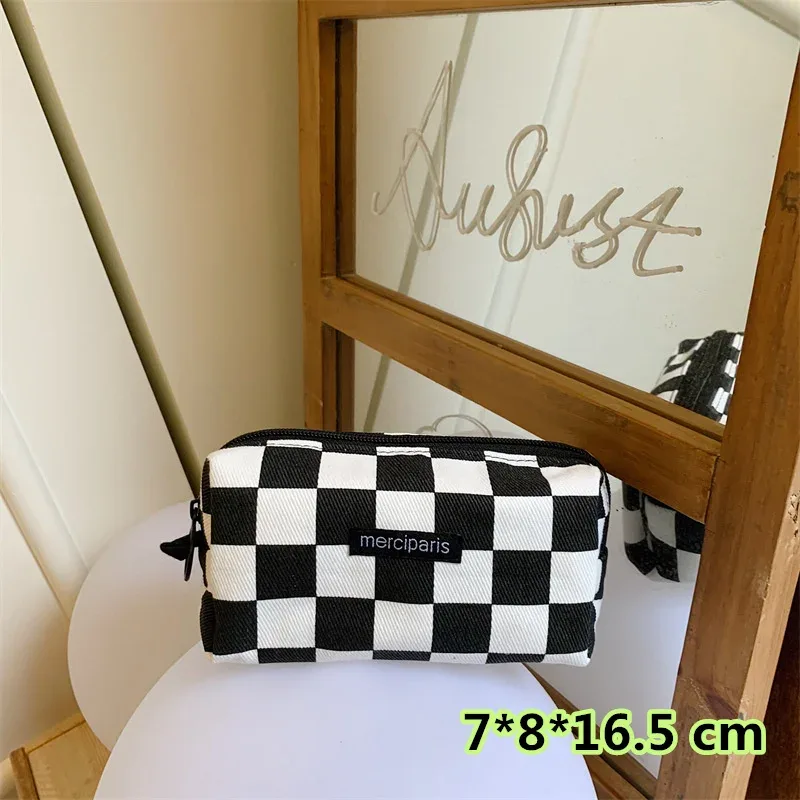 trousse de maquillage de voyage à carreaux, sac de rangement cosmétique, sacs à main pour femmes, portefeuille, étuis à crayons scolaires mignons, sacs en poudre, mode coréenne