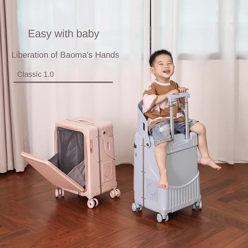 nouvelle valise pour enfants sur laquelle on peut s'asseoir, 20/22/24 pouces, valise à roulettes avec ouverture frontale, robuste et épaissie, avec porte-gobelet.