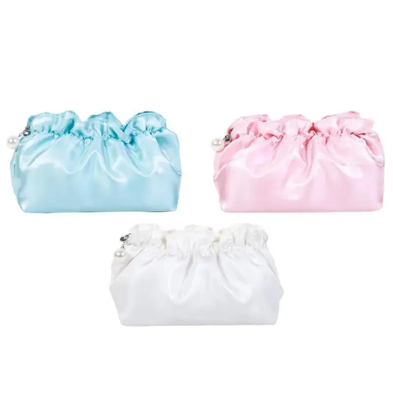 sac de maquillage portable en polyester, forme nuage, fermeture à cordon, pochette cosmétique, surface brillante, grande capacité, organisateur de voyage quotidien