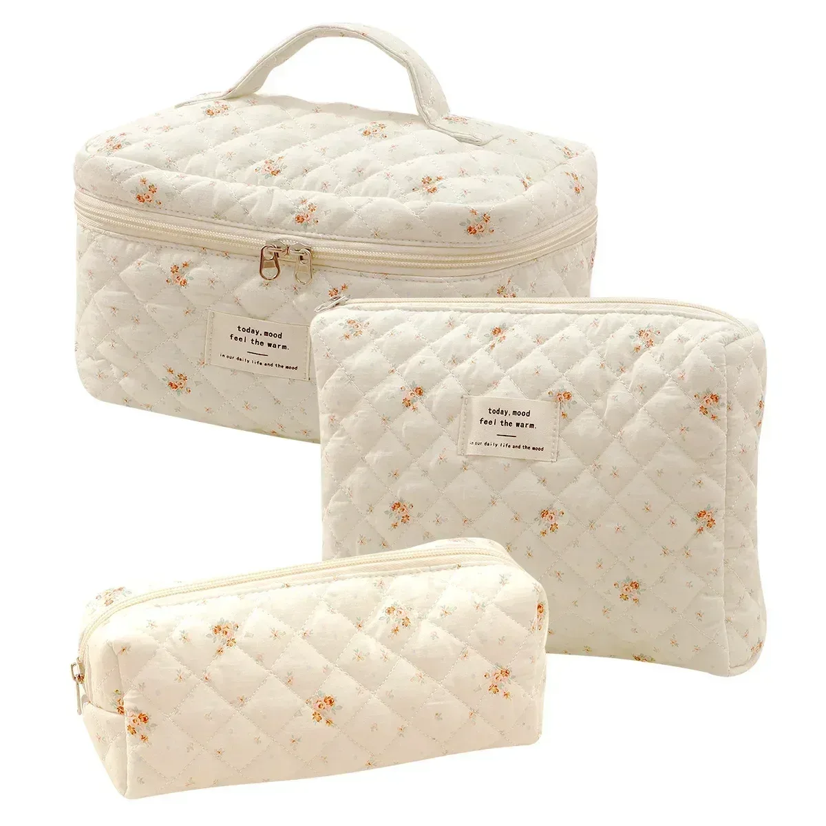 sac de maquillage en coton matelassé pour femmes, mignon, organisateur de cosmétiques à fermeture éclair, sac à main en tissu féminin en forme de boîte, trousse de toilette portable pour filles