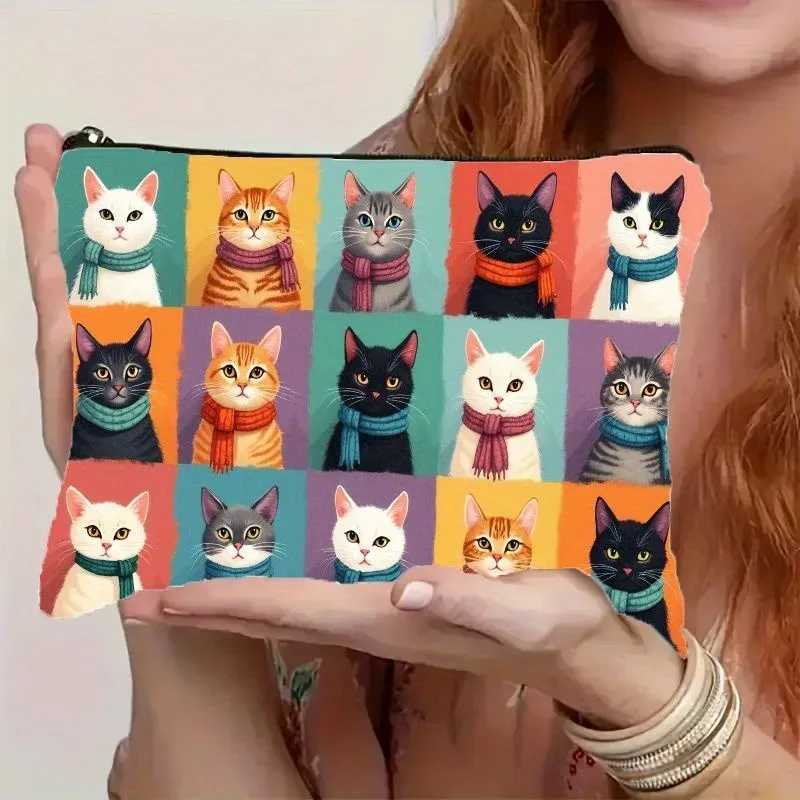 adorable foulard de chat, trousse de maquillage, organisateur de voyage portable, pochette de rangement pour un usage quotidien, trousse à crayons à fermeture éclair