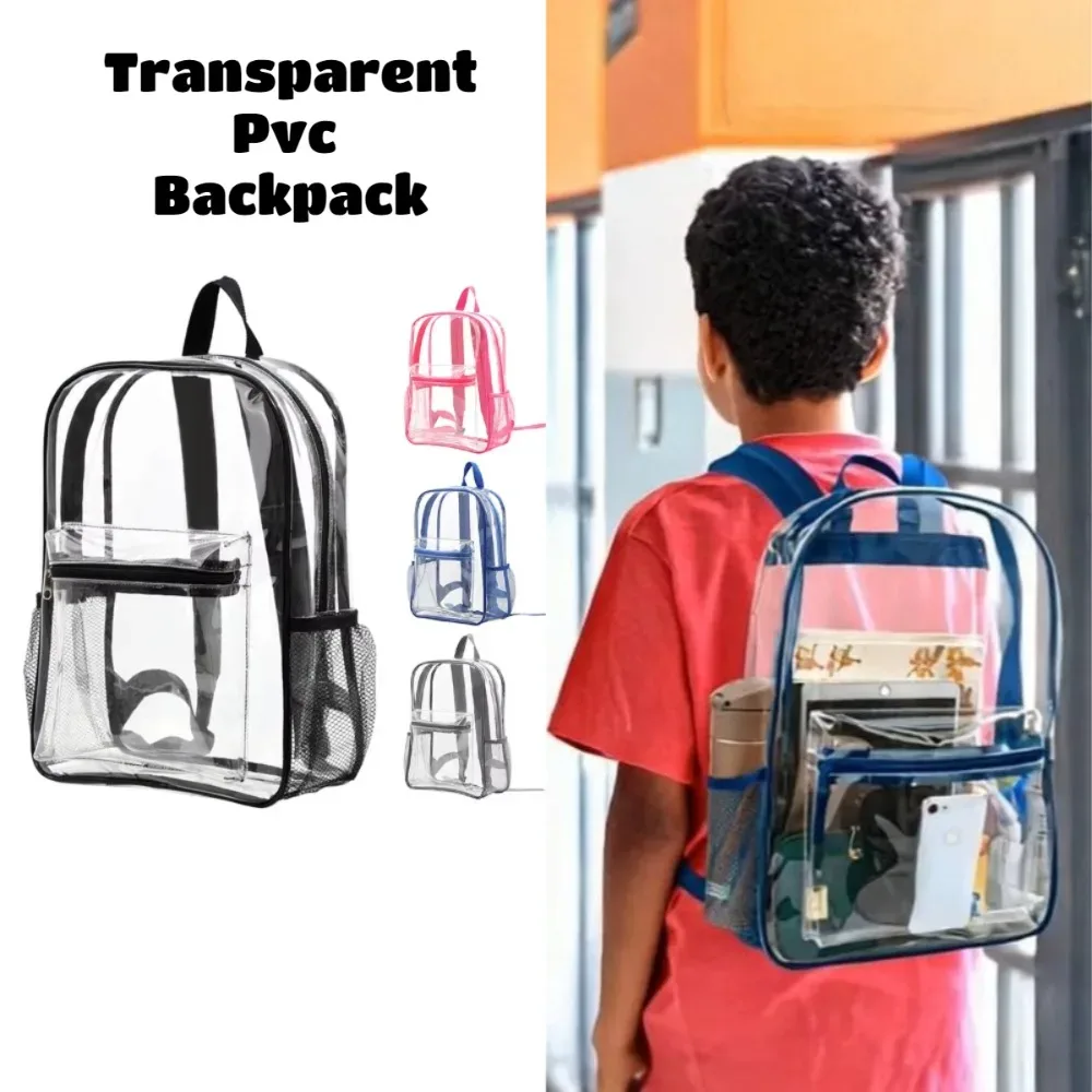 sac à dos transparent en pvc transparent, grande capacité, sangle à coussin d'air, imperméable, résistant à l'