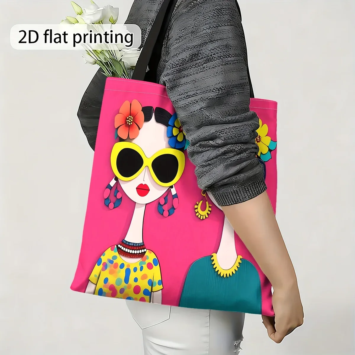 sacs à bandoulière imprimés aux couleurs vives avec motifs de couronnes florales, sacs de courses réutilisable