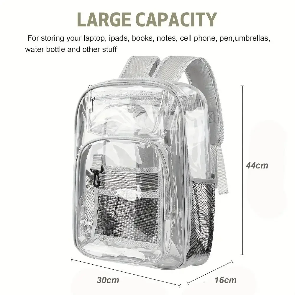 sac à dos décontracté en pvc transparent, grande capacité, multi-poches, pour étudiant, transparent, étanche, pour l'école