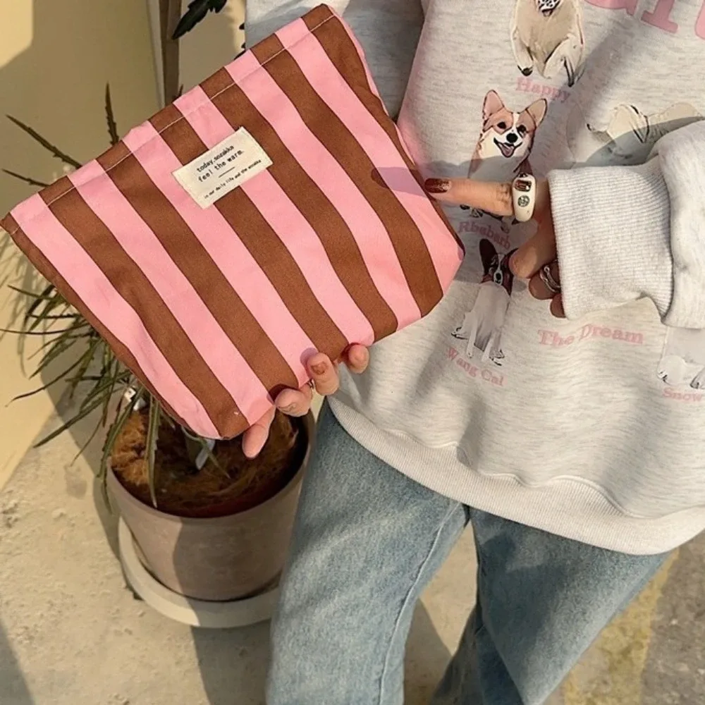 sacs de rangement rayés contrastés pour femmes, sacs cosmétiques mignons de grande capacité, trousse de maquillage, pochette en toile, sacs à main