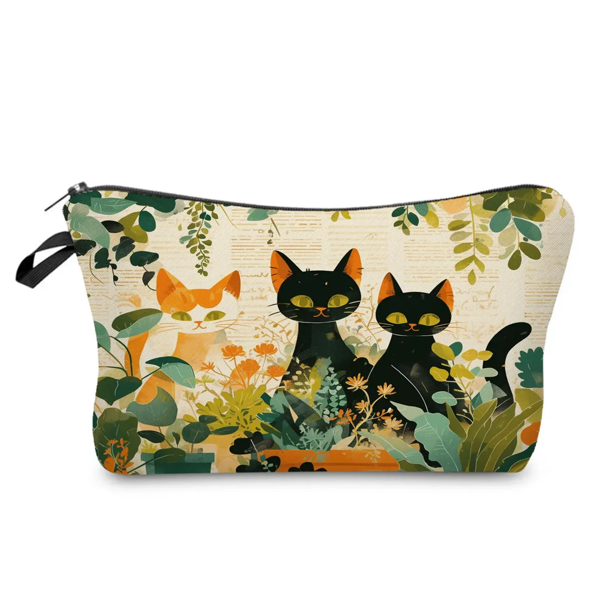 sacs de maquillage college chat noir pour femmes, sacs de rangement portables de voyage, impression d'animaux kawaii décontractés, sacs à cosmétiques double face avec fermeture éclair
