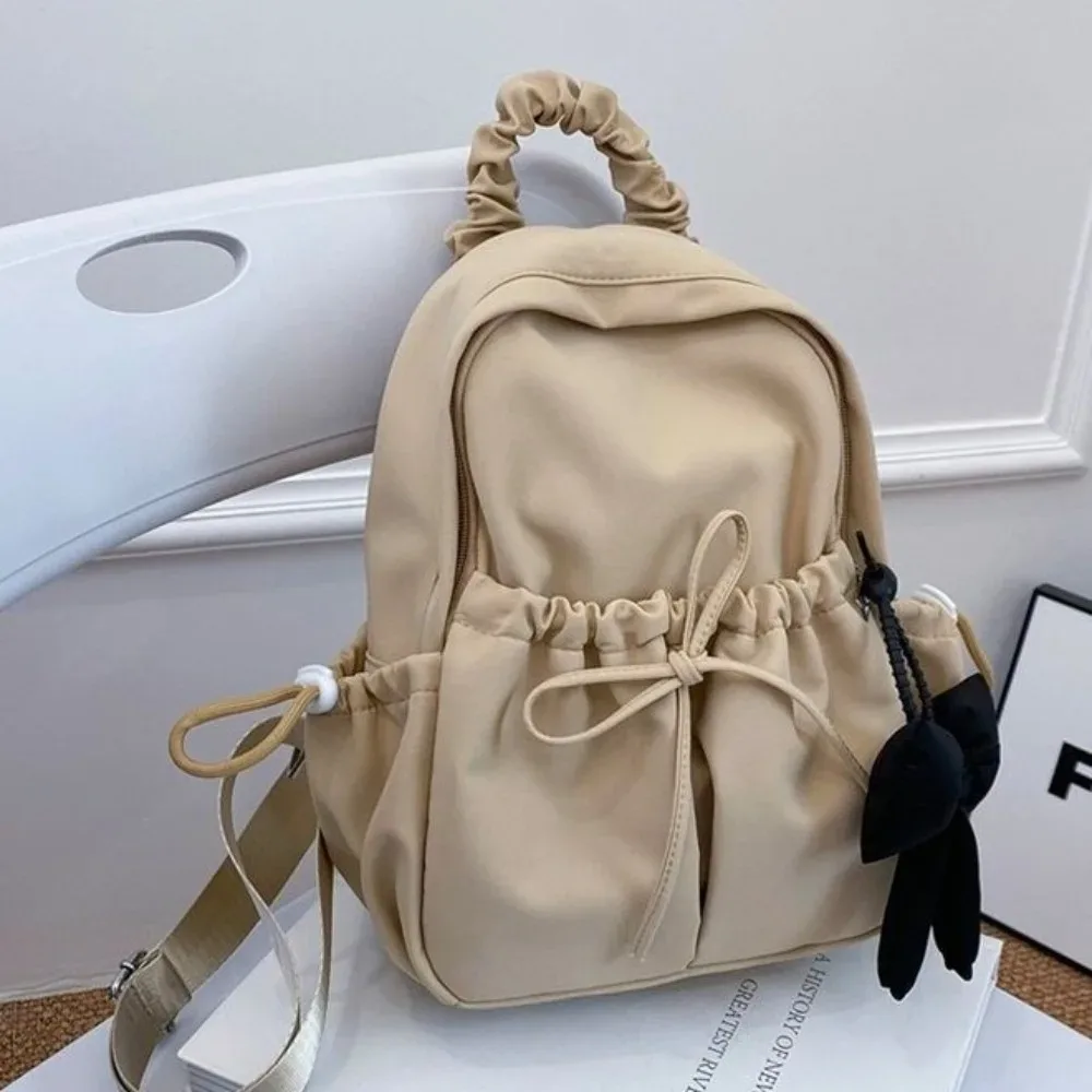 sac à dos à cordon en nylon pour étudiants, grande capacité, design plissé, sac de voyage, bretelles réglables et souples, sac à dos avec nœud.