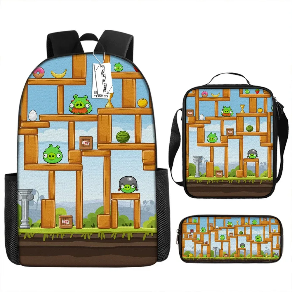 sacs d'école de luxe originaux et cool avec impression 3d angry birds, 3 pièces/ensemble, sac à dos pour ordinateur portable, sac à déjeuner, trousse à crayons