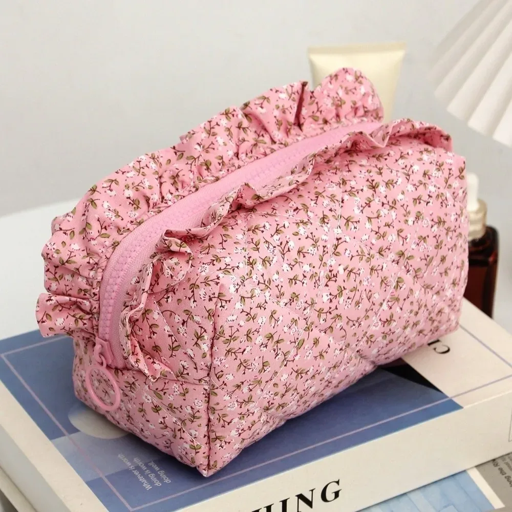 trousse de maquillage matelassée portable à bord volanté, grande capacité, avec nœud, imprimé floral, sac de voyage pour cosmétiques et articles de toilette