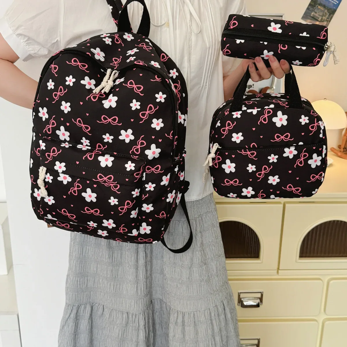 sac à dos trois pièces léger et multifonctionnel pour étudiant, motif floral exquis, grande capacité, idéal pour le campus et les activités de plein air