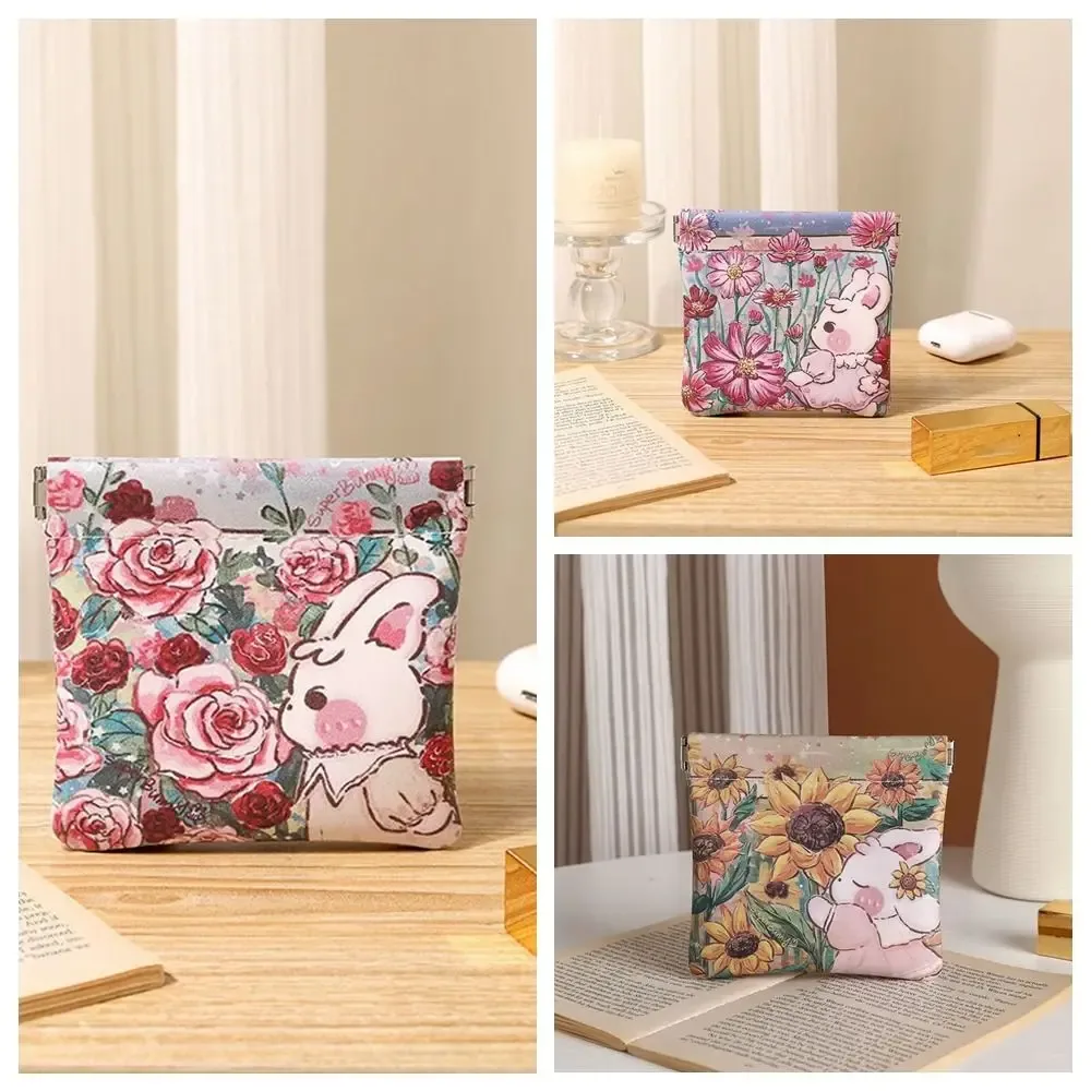 mini trousse de maquillage simple en cuir pu, sac de rangement pour rouge à lèvres imprimé à fermeture automatique, porte-monnaie à fleurs à fermeture automatique, sac pour écouteurs