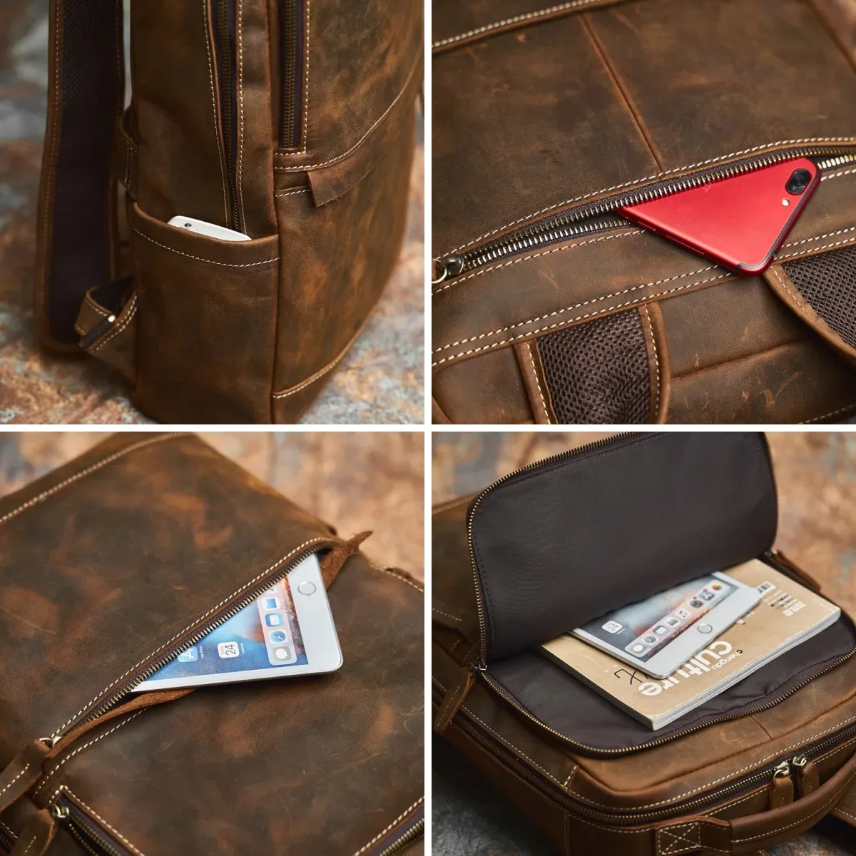 nasva-sac à dos en cuir véritable pour homme, sac rétro, sac de randonnée, sac d'école, sac de voyage, sac pour ordinateur portable, 15.6 pouces