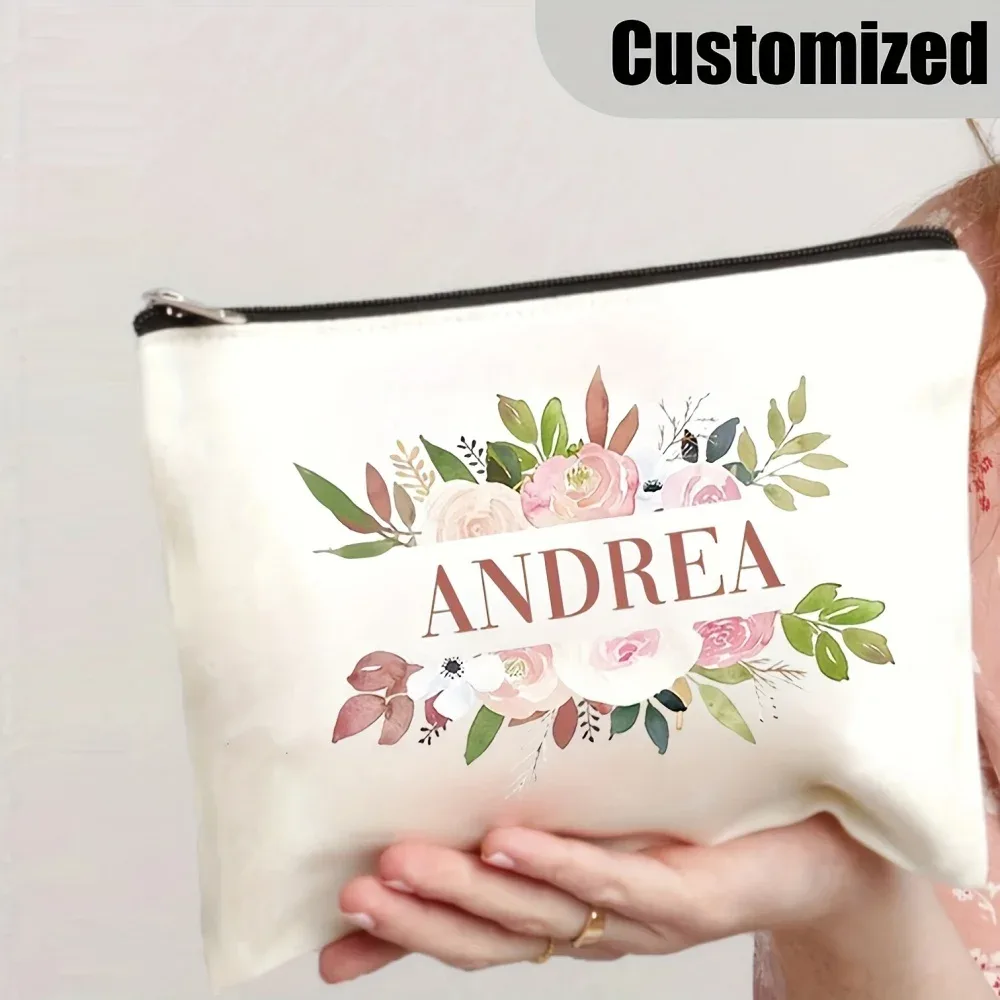 sac de maquillage personnalisé avec nom/texte, pochette à cosmétiques à double face imprimée à fleurs, sacs de rangement pour articles de toilette de voyage, 1 pièce