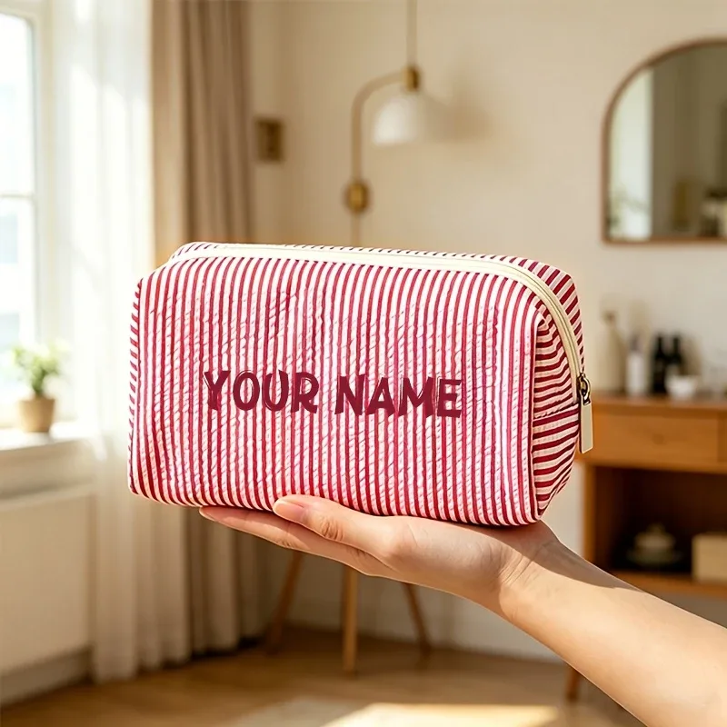 pochette à maquillage personnalisée à rayures verticales décontractées, pochette de rangement élégante et simple en tissu seersucker, sac de voyage léger et spacieux pour cosmétiques