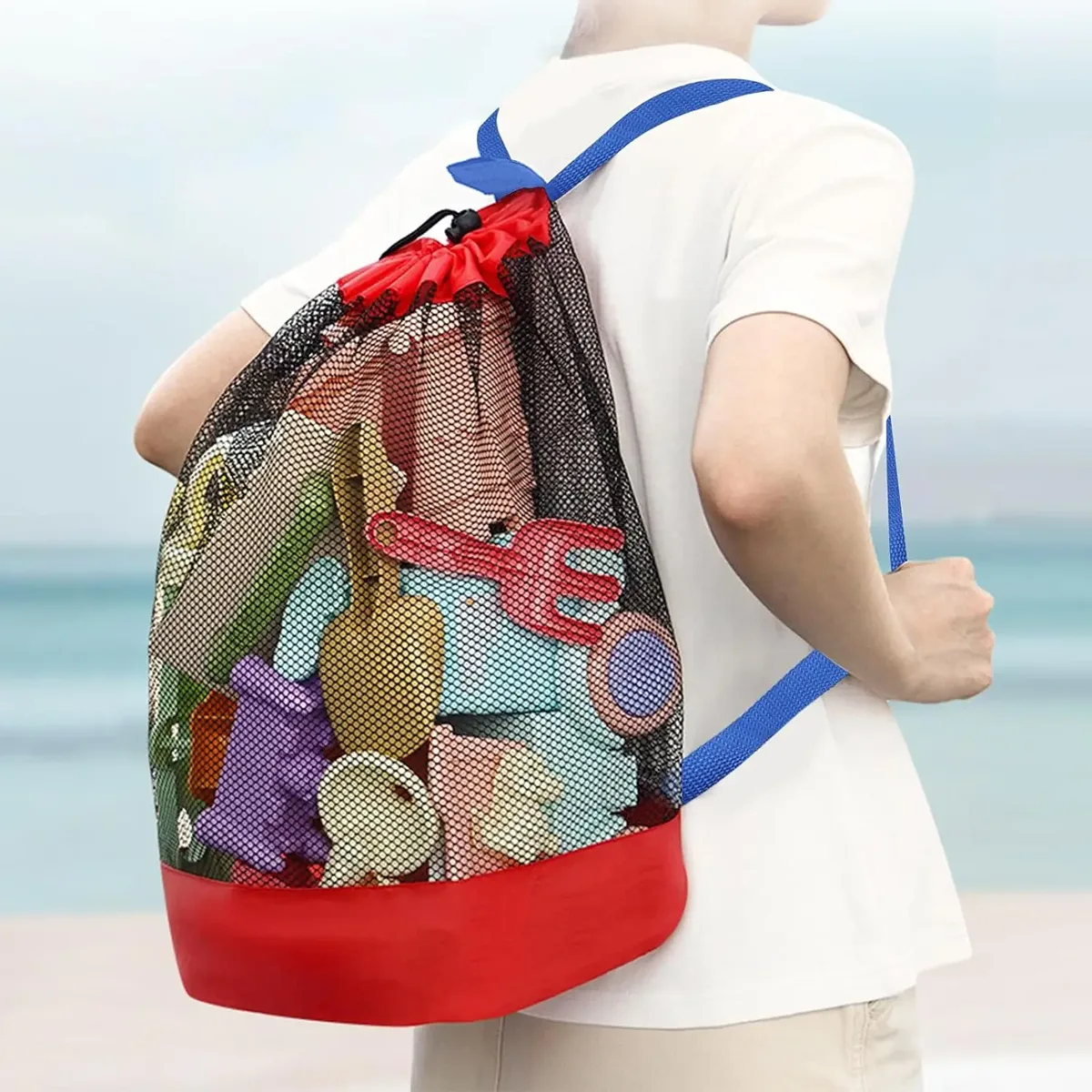 sac de plage en filet avec cordon de serrage, sac à dos pliable, pochette de rangement pour jouets, sac de plage grande capacité avec sangles réglables, sac de natation